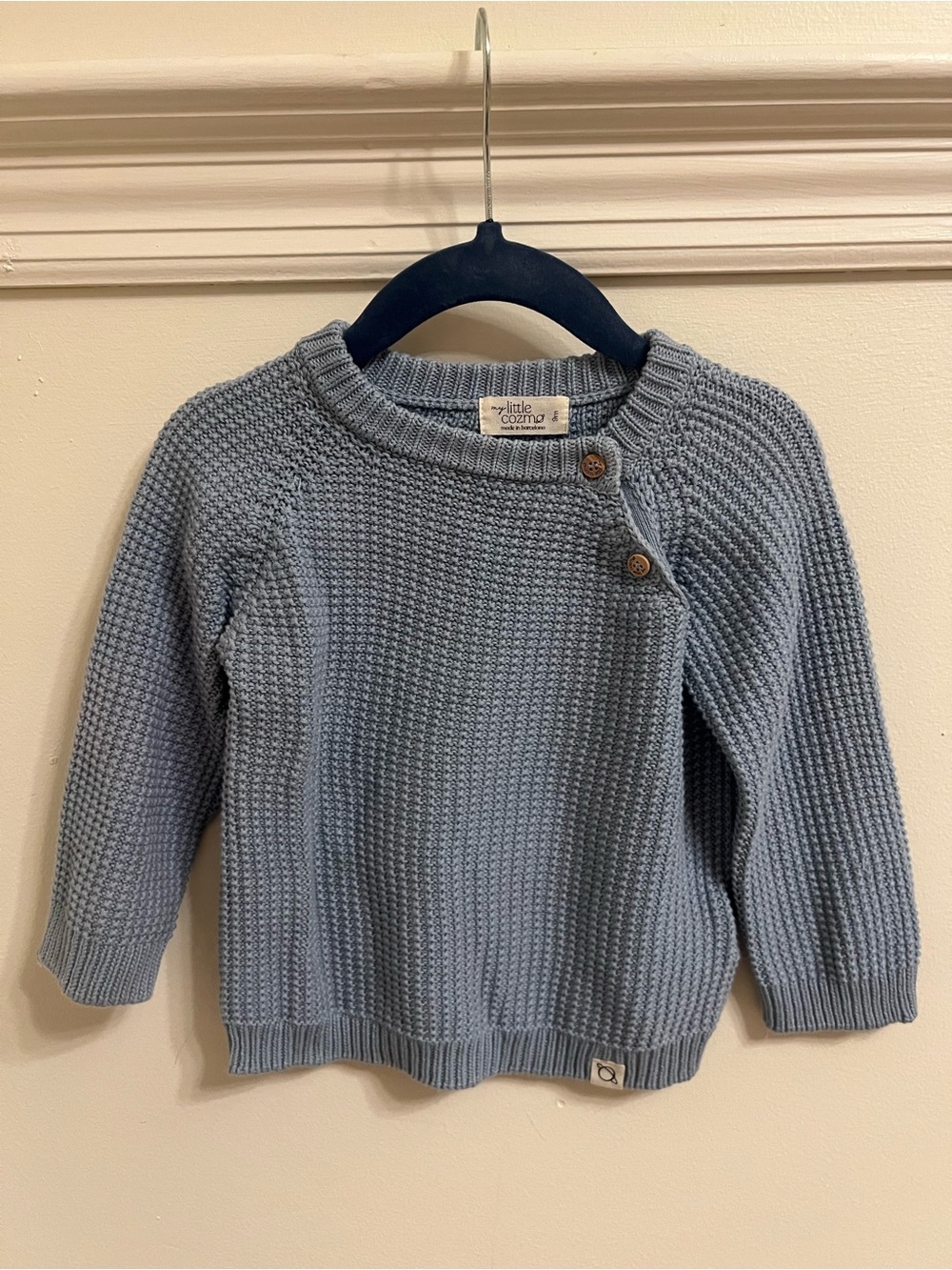 my Little Cosmo Blue Knit Baby Sweater with Button Detail